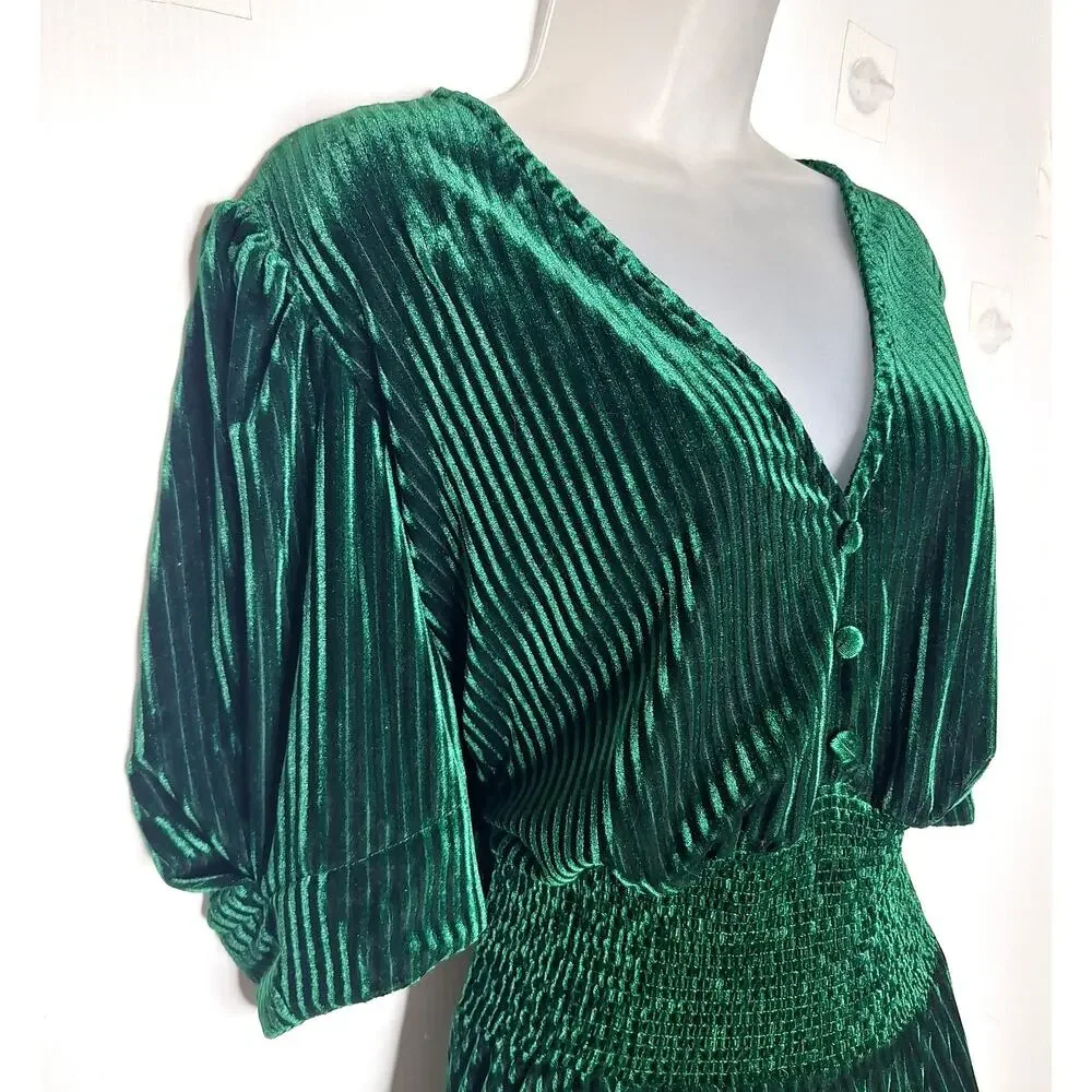 Velvet Smocked Maxi Dress 24W 3X Emerald Full Sweep Fall 40s Retro Pinup Fashion
